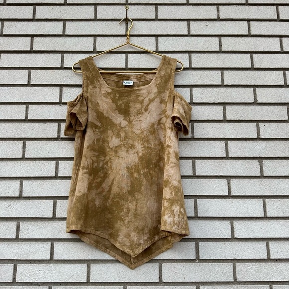 Oh My Gauze Tan Tie Dye Cotton Cold Shoulder Top Pointed Hem Boho Cottagecore - Picture 1 of 10